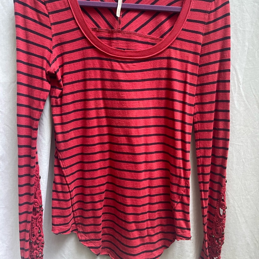 Free People Red and Black Striped Blouse
